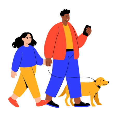 Father and son walking with dog  Illustration
