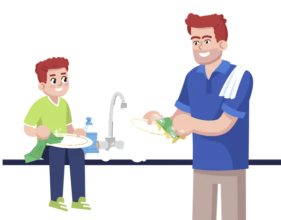 Father And Son Washing Up Dishes Together  Illustration