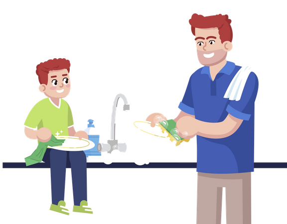 Father And Son Washing Up Dishes Together  Illustration