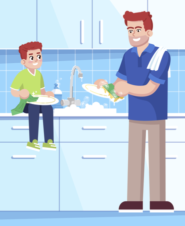 Father and son washing up Dishes together  Illustration