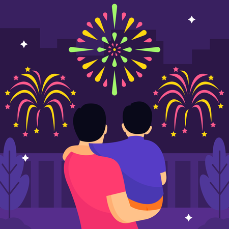 Father and son watching fireworks Illustration