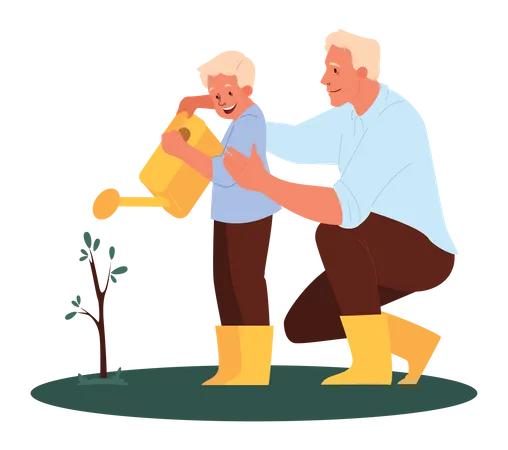 Father and son watering plant Illustration