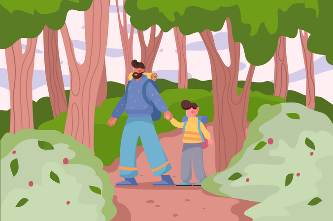 Father and son with backpacks hiking in forest outdoors  Illustration