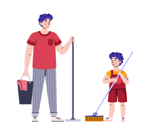 Father and son with mops ready to clean house  Illustration