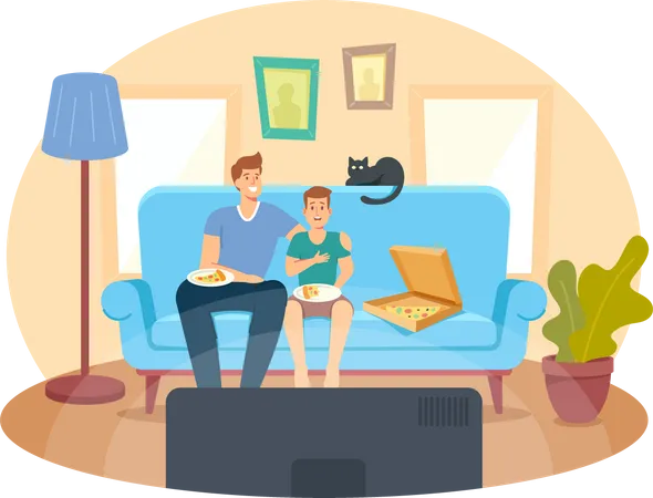 Father and Son with Pizza and Cat Sitting on Sofa Watching Movie  Illustration