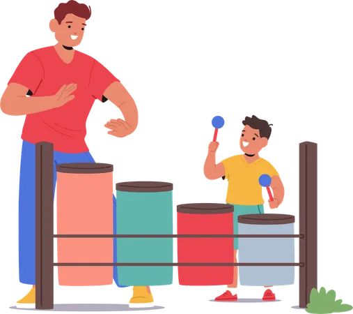 Father And Young Son Playing With Musical Toys At Playground  Illustration