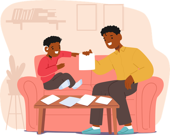 Father Assisting Special Needs Student With Homework At Home  Illustration