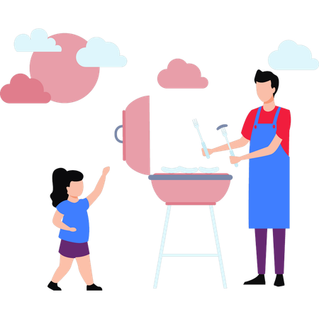 Father Barbecuing In Outdoors  Illustration