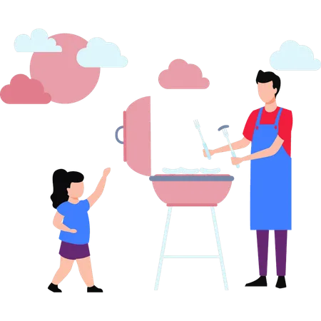 The Boy Is Barbecuing In Outdoors Illustration