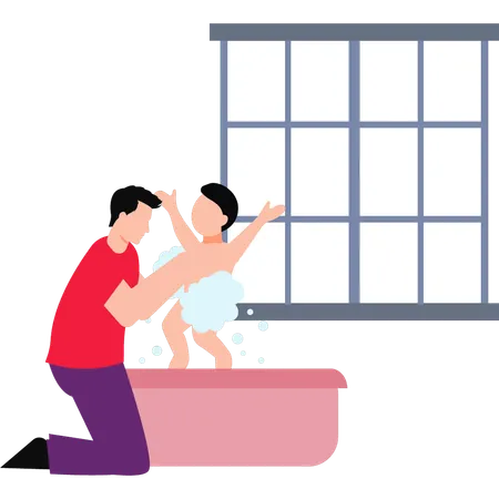 The Boy Is Bathing The Baby Illustration