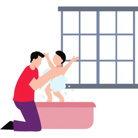 Father Bathing Baby  Illustration