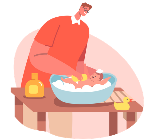 Father bathing child  イラスト