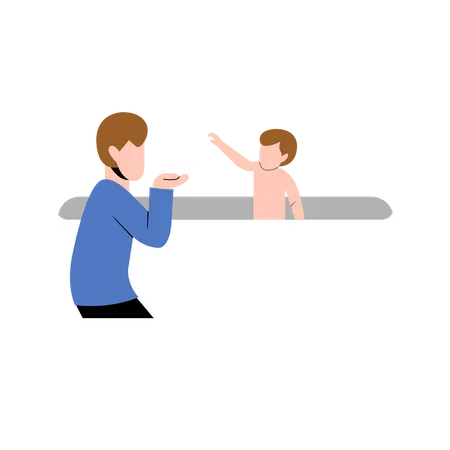 Father With Baby Bathing In Bathtub Illustration