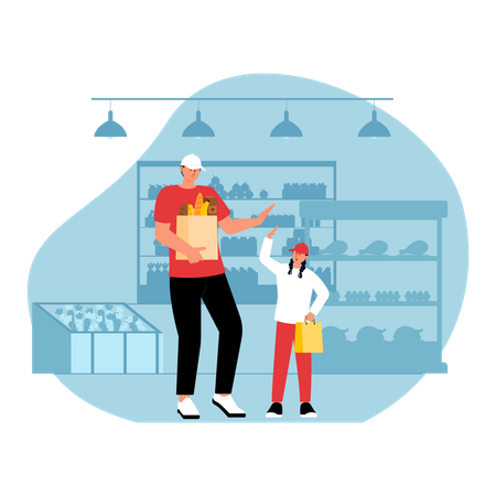 Father buying grocery with daughter Illustration