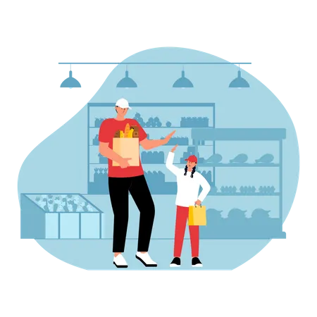 Father buying grocery with daughter  Illustration
