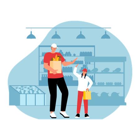 Father buying grocery with daughter  Illustration