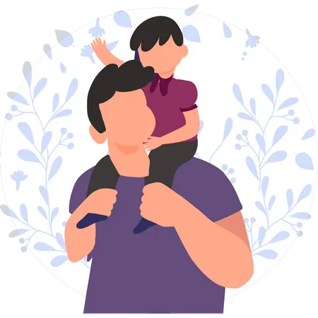 Father carries child on his shoulder  Illustration