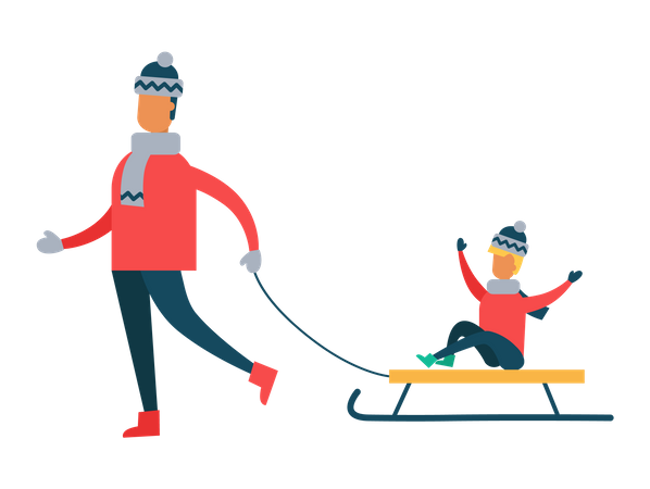 Father Carrying Child on Sleigh Son and Dad  Illustration