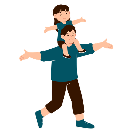 Father carrying daughter on shoulder  Illustration