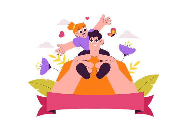 Father carrying daughter on shoulder  Illustration