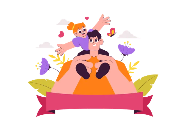 Father carrying daughter on shoulder  Illustration