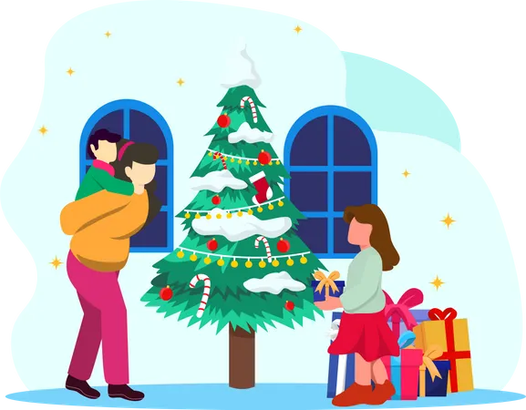 Father celebrating christmas with kids  Illustration