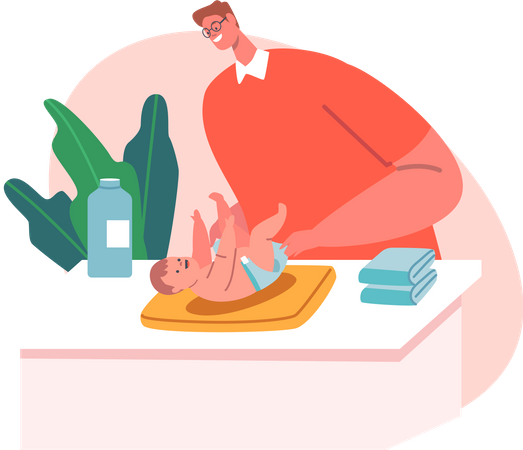 Father Changing Diapers Illustration