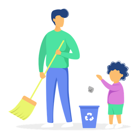 Father cleaning trash with son  Illustration