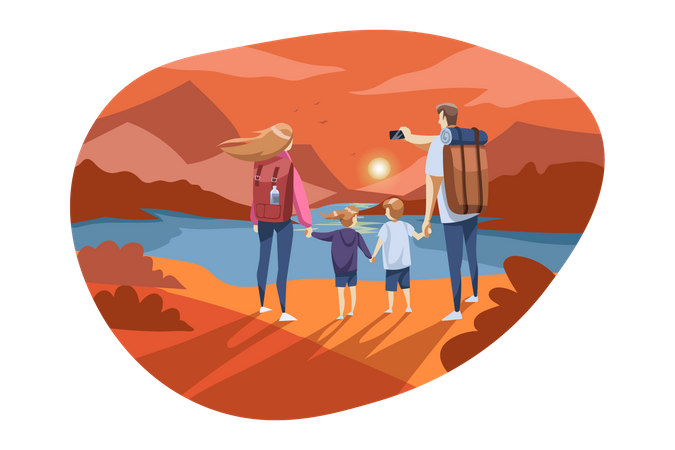 Father clicking sunset photo from montain point with family  일러스트레이션