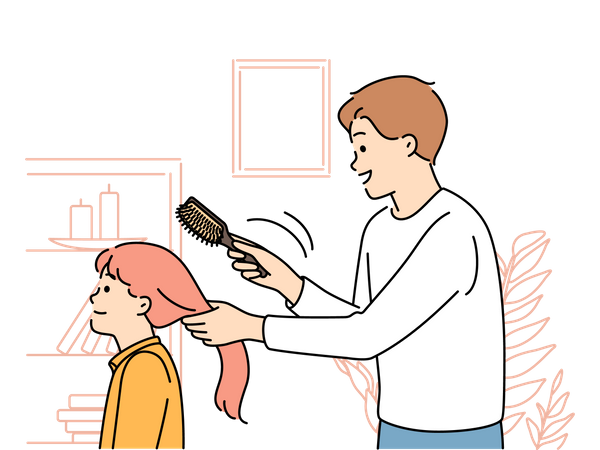 Father combing daughter hairs  Illustration