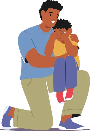 Father Gently Wraps His Arms Around His Little Son Whispering Words Of Comfort Drying Tears With A Tender Touch And Restoring Peace With A Soft Reassuring Smile Cartoon People Vector Illustration Illustration