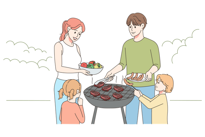 Father cooking BBQ at backyard  Illustration
