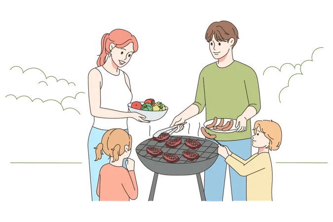 Father cooking BBQ at backyard Illustration
