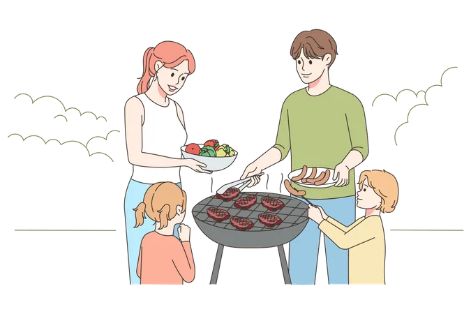 Father cooking BBQ at backyard  Illustration