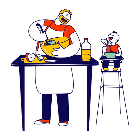 Father cooking meal for son Illustration