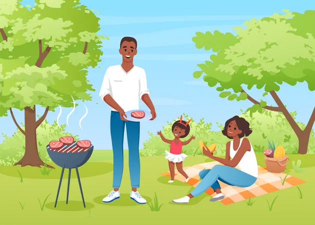 Father cooking steak on BBQ grill  Illustration