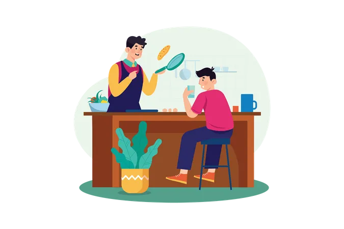 Father cooking with son in kitchen Illustration