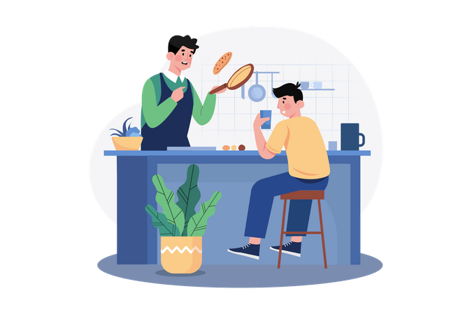 Father cooking with son in kitchen  Illustration