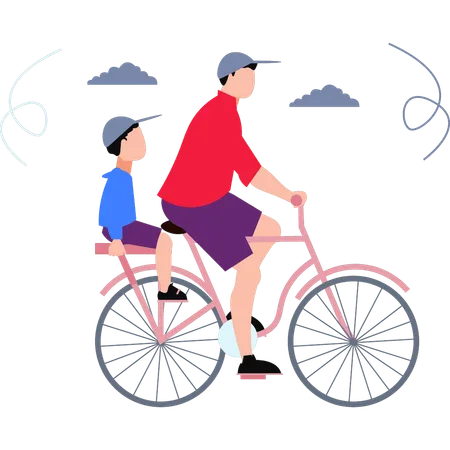 Father Cycling With Child  Illustration