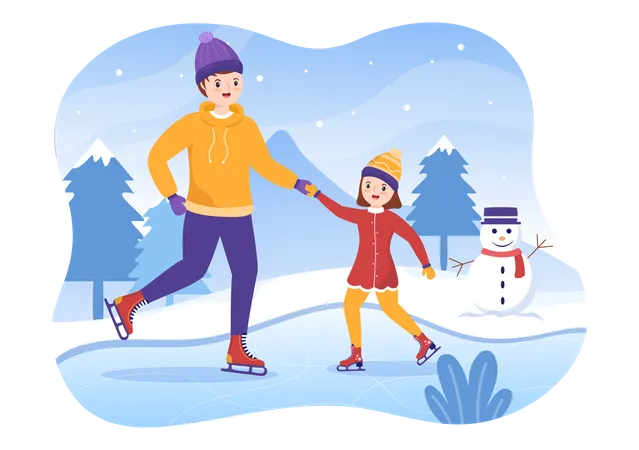 Father do ice skating with daughter  Illustration