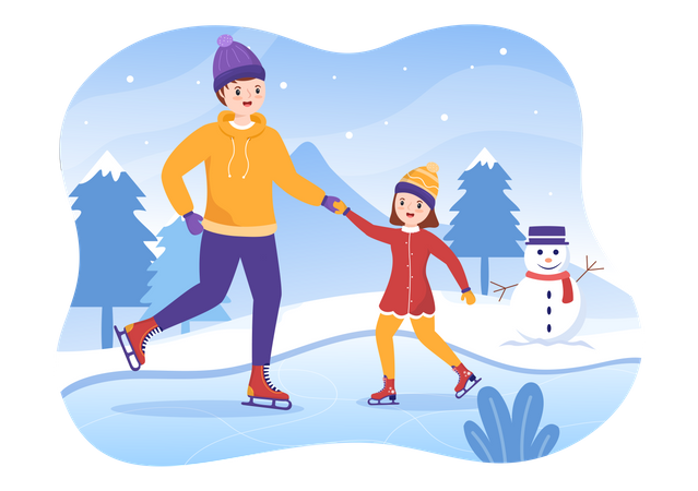 Father do ice skating with daughter  Illustration