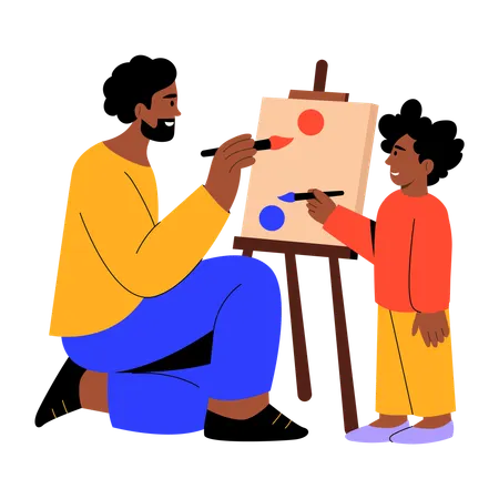 Father doing painting with son  Illustration