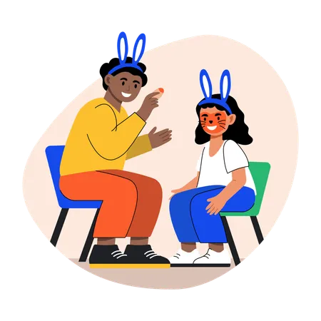 Father doing skin painting on face of daughter  Illustration