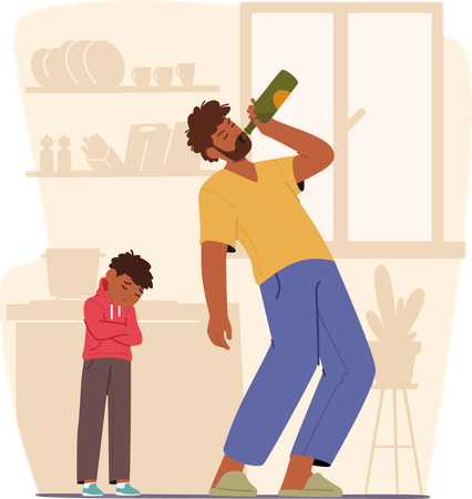Father drinks alcohol in front of son  Illustration