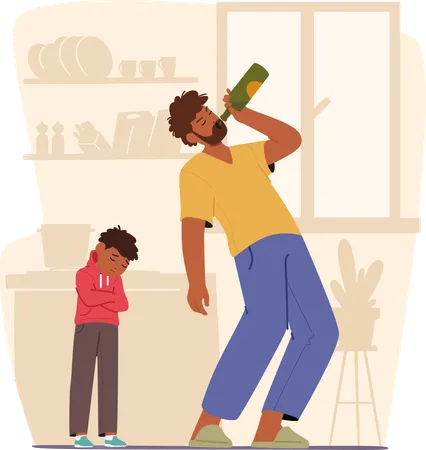 Father Drinks Alcohol Son Stands Beside Quietly A Hint Of Sadness In The Child Eyes As He Wipes Away A Few Tears Drunk Parent Character With Addiction And Kid Cartoon People Vector Illustration Illustration