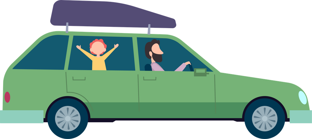 Father driving car while child at back Illustration