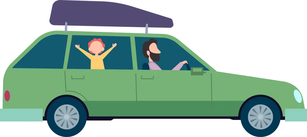 Father driving car while child at back  Illustration