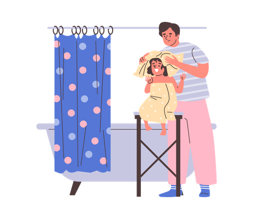 Father drying his cheerful daughter with towel beside bathtub  Illustration