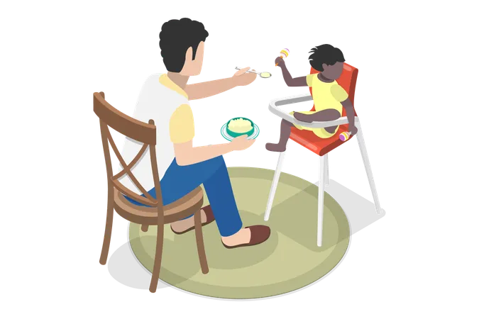 3 D Isometric Flat Vector Illustration Of Father Engaged In Raising Child Child Feeding Illustration