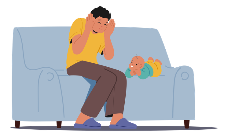 Father Enjoying Playtime With Newborn Baby On Comfortable Sofa Showing Bonding And Care  Illustration